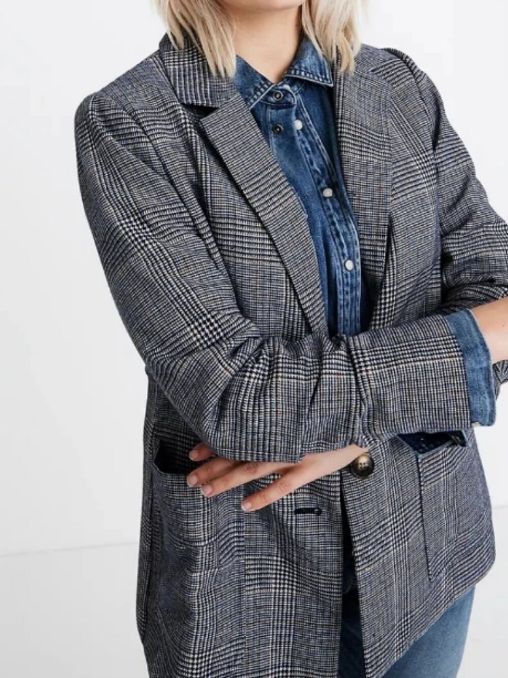 Madewell Caldwell Double-Breasted Blazer in Glen Plaid Gray Size Small